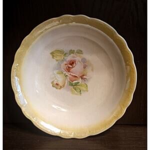 Vintage Lusterware Serving Bowl Red Roses Yellow Trim 9"